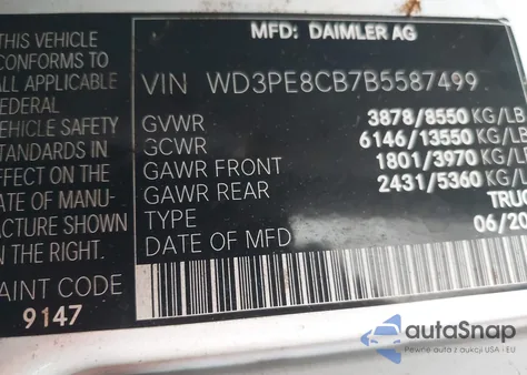 2011 Mercedes-Benz Sprinter 2500 High Roof из США, поврежденный, VIN WD3PE8CB7B5587499